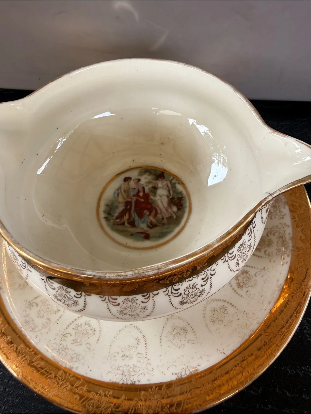 Vintage Gold-Trim Porcelain Gravy Boat with Classical Scene